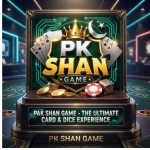Luxury 3D logo for PK SHAN GAME featuring a gold crown, playing cards, coins, and dice on a casino-themed pedestal display.
