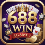 A luxurious casino game icon against a purple background, featuring the text "688 WIN GAME" topped by a jeweled gold crown, with playing cards, poker chips, and stacks of gold coins.