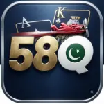 A dark blue logo badge with gold 58, a white Q containing a Pakistani flag, playing cards, and a red propeller plane
