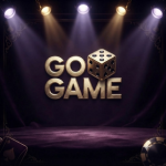 A premium 3D logo for 'GO GAME CASINO' featuring elegant gold lettering and a matching golden die, set against a dark purple velvet stage illuminated by overhead spotlights.