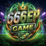 A vibrant green and gold 3D logo for '666EP GAME', featuring a crown and money, set against a glowing e-sports stadium background.