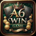 An ornate app logo for A6 WIN GAME, based on the original design, featuring the text, an jeweled crown, two Ace cards, gold coins, an EST. 2024 banner, and a decorative green and gold frame.