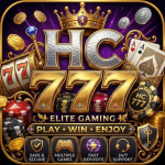 App icon design for HC 777 featuring metallic lettering, a gold crown, slot machine reels, playing cards, and casino chips set against a dark purple background.