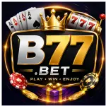 B77.BET Game featured image with golden 777 logo, crown, cards, chips, and casino-style graphics