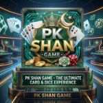 PK SHAN GAME 3D logo featuring a gold crown, crescent moon, playing cards, coins, and dice on an illuminated casino pedestal display.