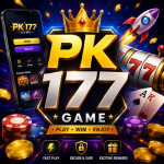 PK177 Game featured image with a gold PK177 logo, smartphone interface, cards, chips, coins, and colorful gaming graphics.