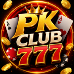 PKCLUB777 Game banner with three female characters, gold coins, and Play, Win, Champion graphics.