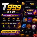 T999 Game homepage banner featuring a stylish female character, vibrant gaming interface, premium gold and purple theme, and the words Play, Win, Achieve.