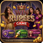 Win Ruapees Game app icon featuring 3D gold typography, royal crown, money bag, and casino-style host models.