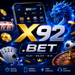 X92.BET Game featured image with a mobile gaming interface, casino elements, blue dragon, cards, coins, and glowing X92.BET branding.
