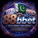 Vibrant 88bbet logo featuring playing cards, slot reels, and the Pakistani flag against a cosmic blue background.