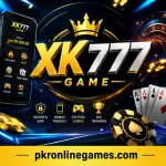 XK777 Game featured image with a mobile gaming interface, casino-style graphics, and pkronlinegames.com branding at the bottom