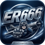 Alt Text A metallic silver and dark blue app icon featuring the text ER666 in bold, 3D lettering above a aviator pilot holding a casino chip, with a propeller airplane in the background.