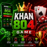 KHAN804 Game promotional graphic with green and red neon colors, casino cards, dice, chips, trophy, and mobile gaming interface.