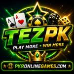 TEZPK Game mobile interface with colorful game icons and PKRONLINEGAMES.COM footer.